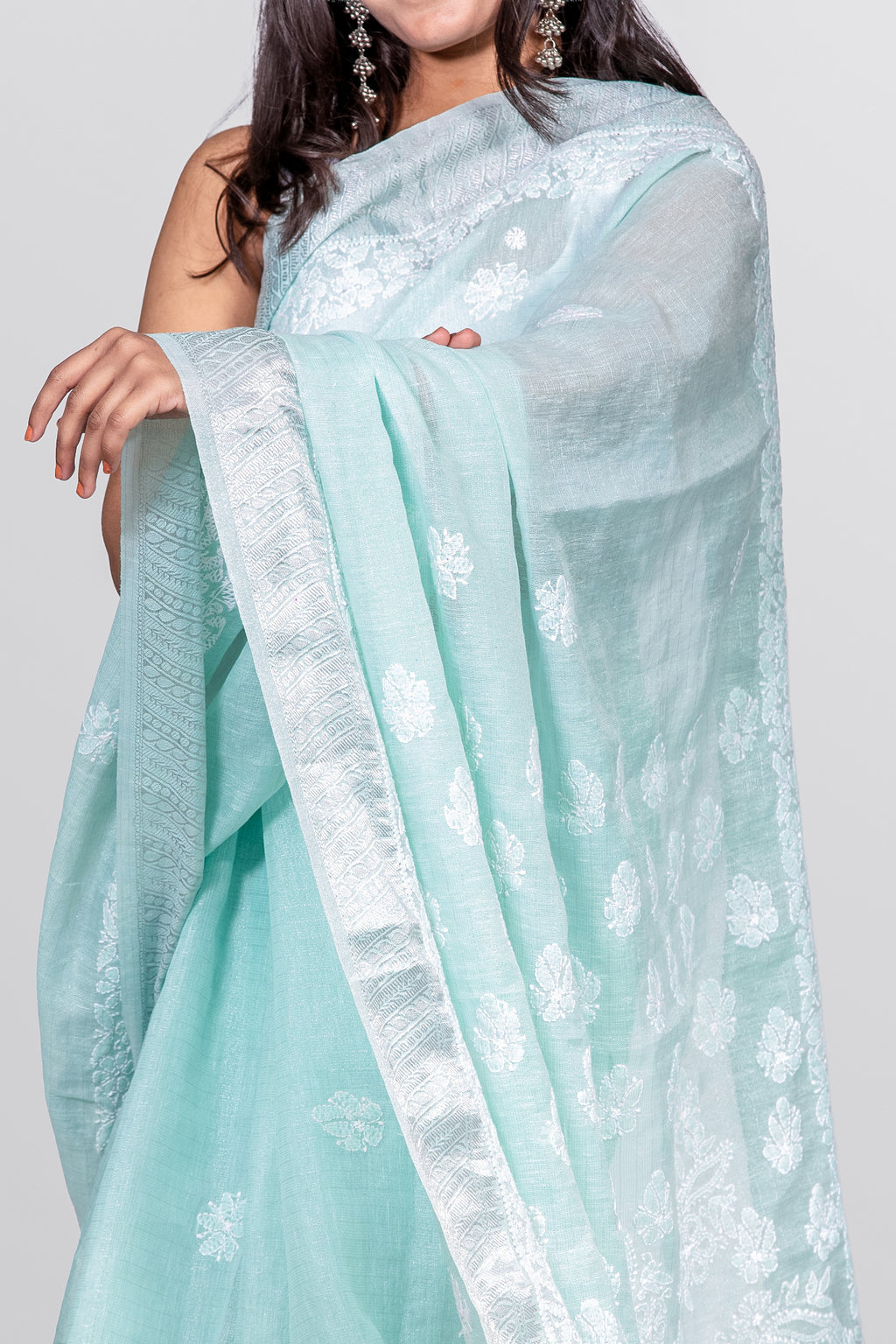Pastel Green Chanderi Chikankari Saree