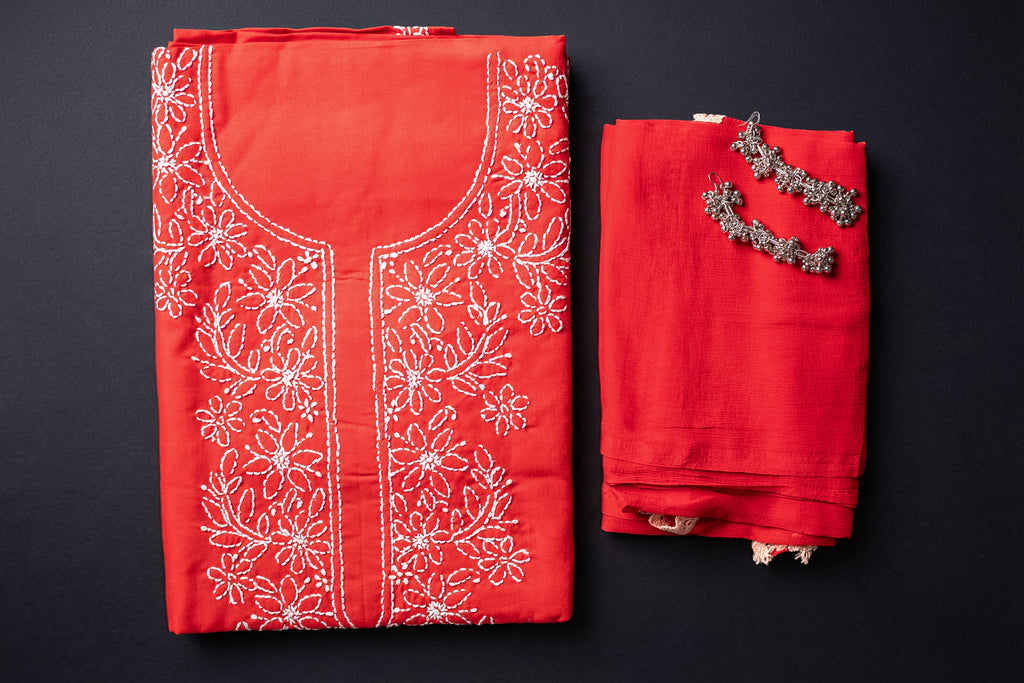 Ethereal Crimson: Hand-Embroidered Red Chikankari Unstitched Dress Material Set