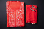 Ethereal Crimson: Hand-Embroidered Red Chikankari Unstitched Dress Material Set