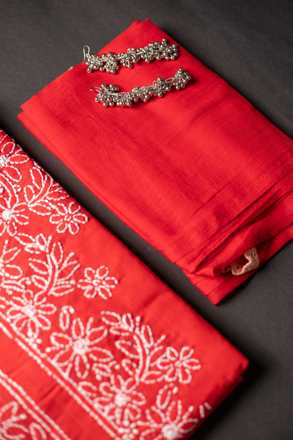 Ethereal Crimson: Hand-Embroidered Red Chikankari Unstitched Dress Material Set