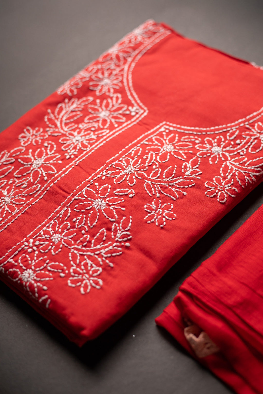Ethereal Crimson: Hand-Embroidered Red Chikankari Unstitched Dress Material Set