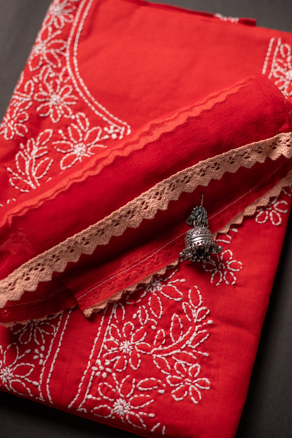 Ethereal Crimson: Hand-Embroidered Red Chikankari Unstitched Dress Material Set