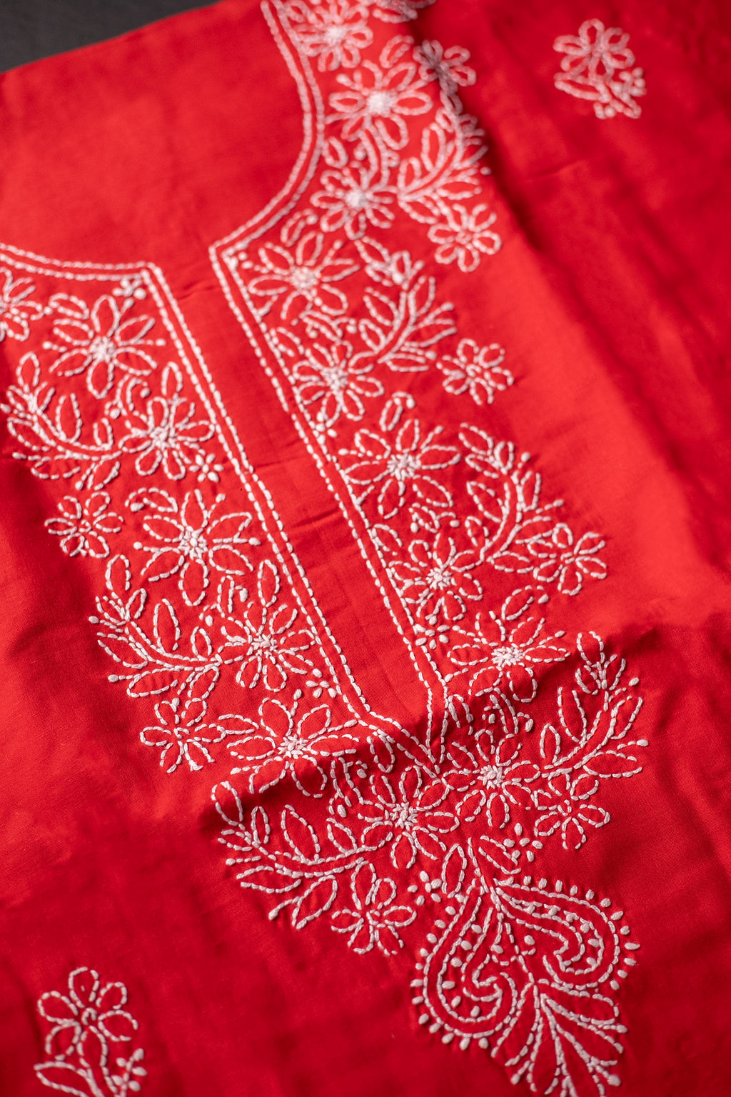 Ethereal Crimson: Hand-Embroidered Red Chikankari Unstitched Dress Material Set