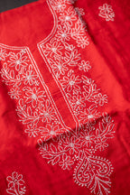 Ethereal Crimson: Hand-Embroidered Red Chikankari Unstitched Dress Material Set
