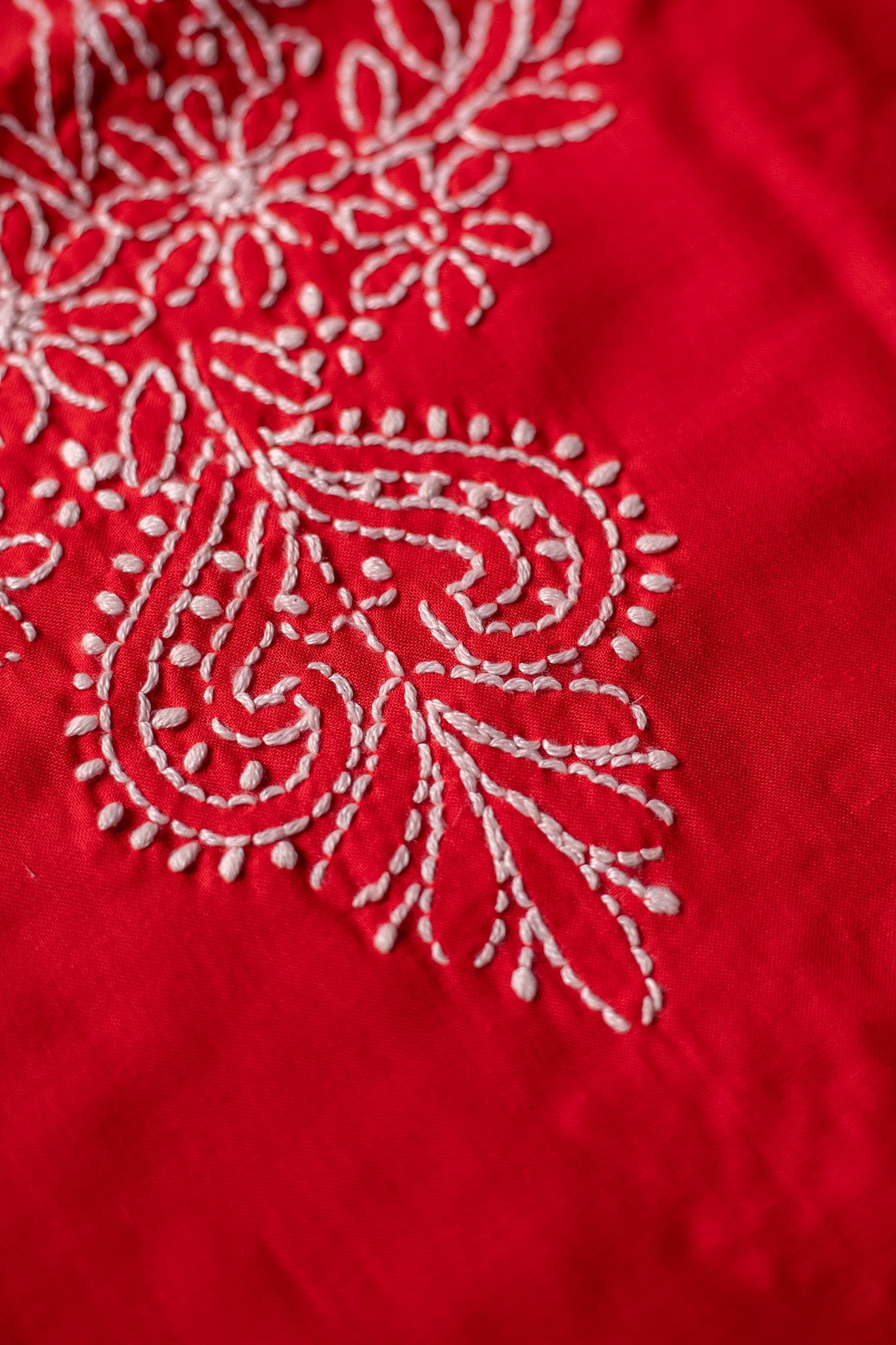 Ethereal Crimson: Hand-Embroidered Red Chikankari Unstitched Dress Material Set
