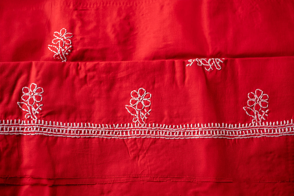 Ethereal Crimson: Hand-Embroidered Red Chikankari Unstitched Dress Material Set