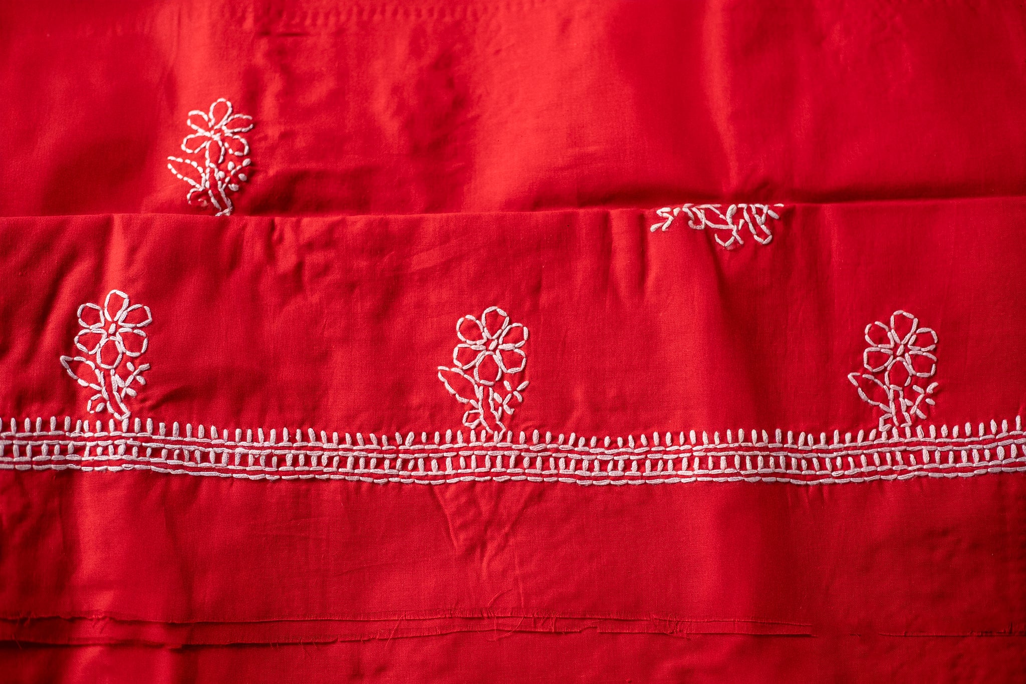 Ethereal Crimson: Hand-Embroidered Red Chikankari Unstitched Dress Material Set