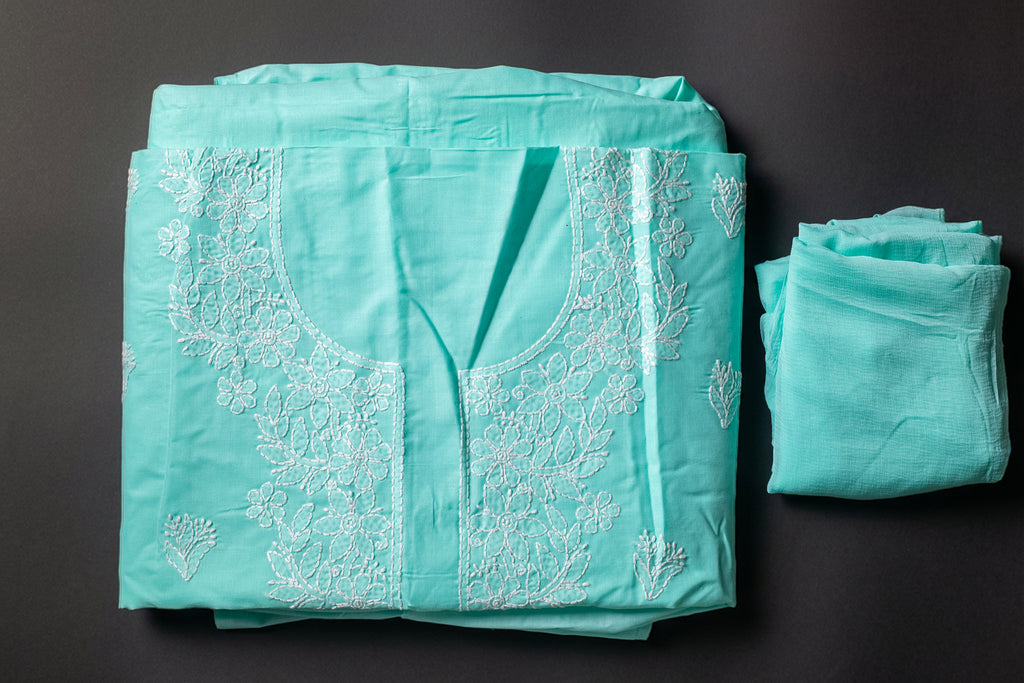 Mint Freshness: Hand-Embroidered Light Green Chikankari Unstitched Dress Material