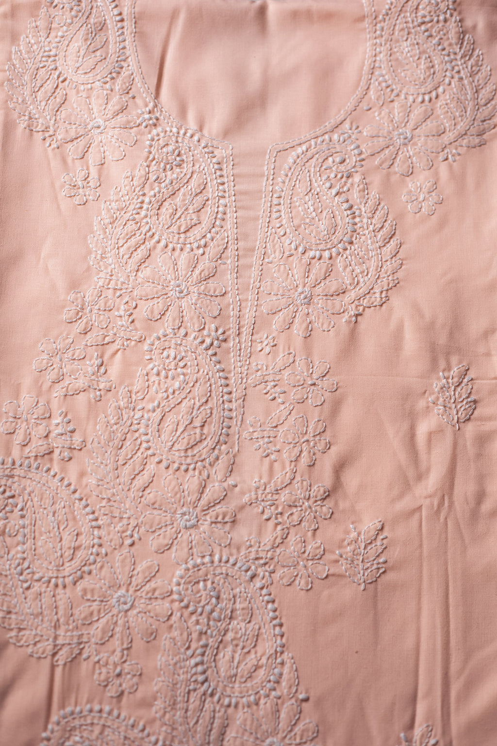 Peach Perfection: Hand-Embroidered Chikankari Unstitched Dress Material Set