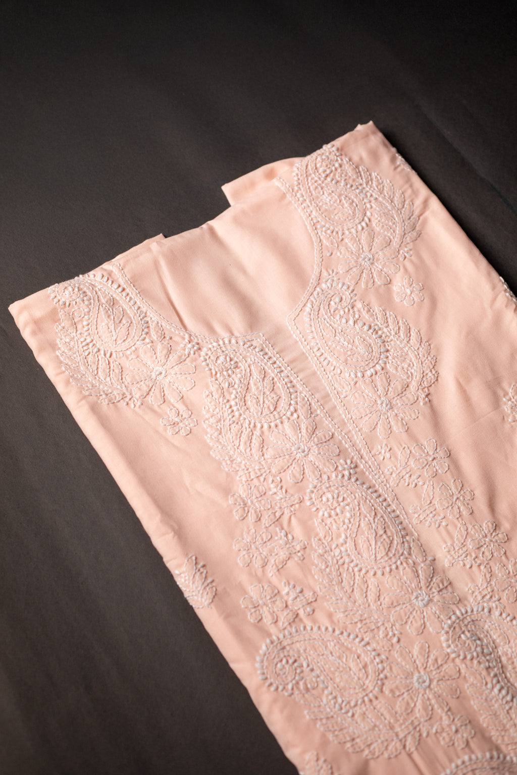 Peach Perfection: Hand-Embroidered Chikankari Unstitched Dress Material Set