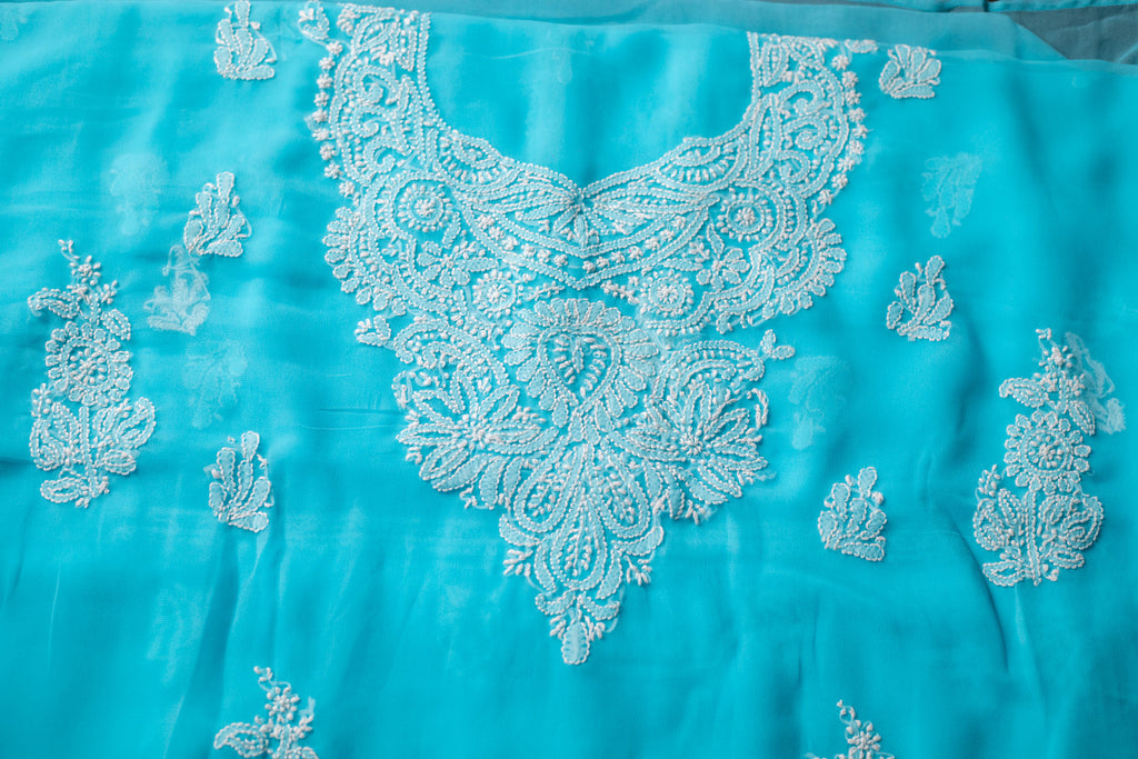 Blue Georgette Hand-Embroidered Chikankari Unstitched Dress Material