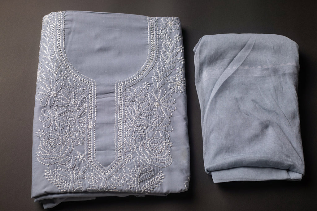 Slate Grace: Hand-Embroidered Grey Chikankari Unstitched Dress Material Set