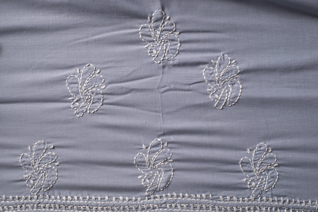 Slate Grace: Hand-Embroidered Grey Chikankari Unstitched Dress Material Set