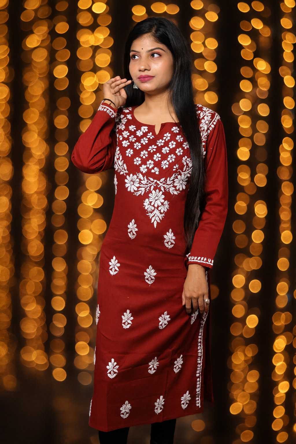 Maroon Cotton Chikankari Kurta