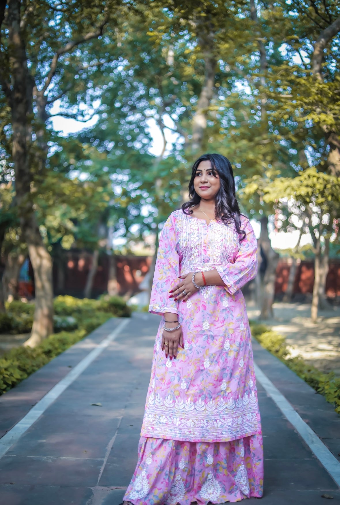 Pink Mal Printed Chikankari Skirt Kurta Set