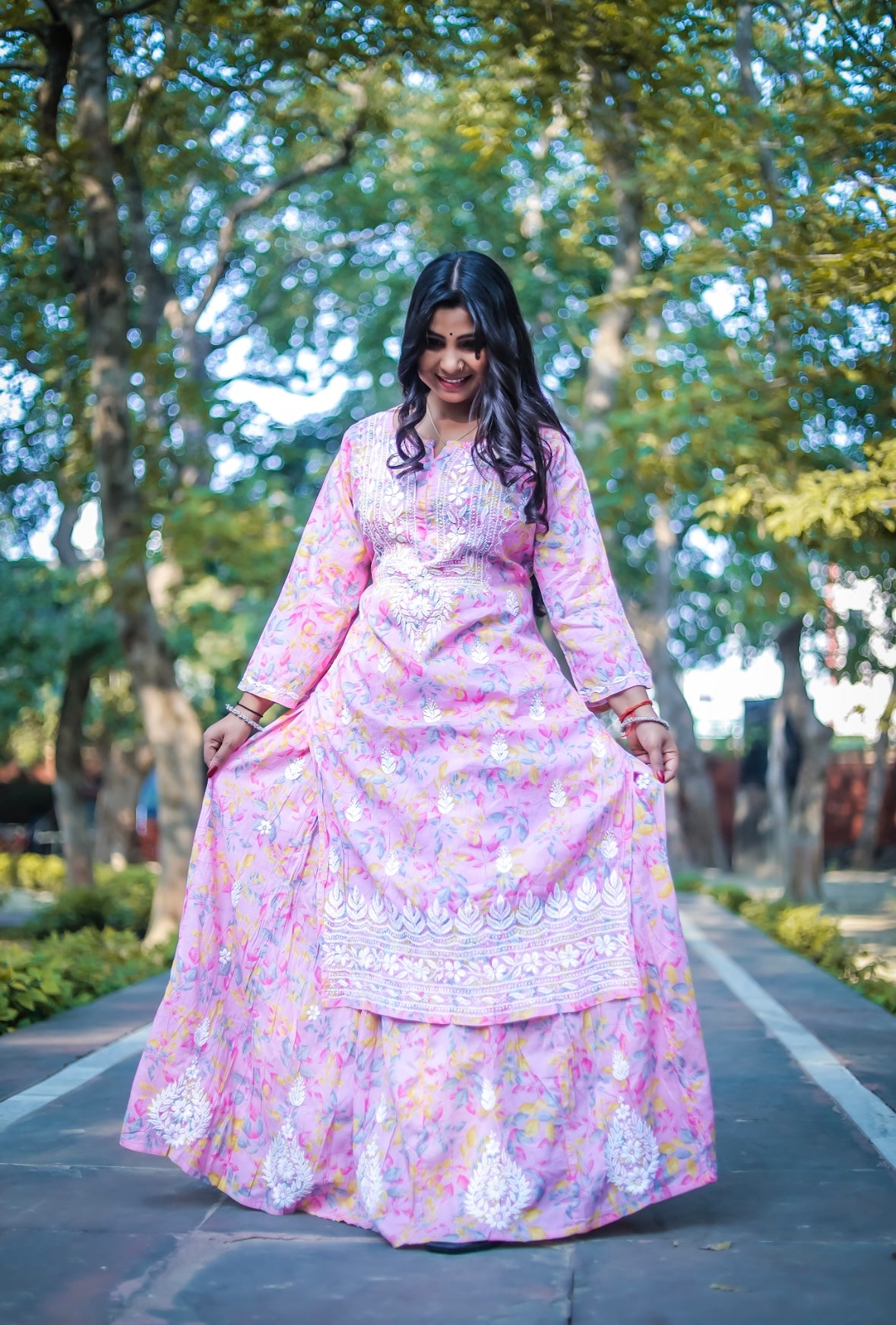 Pink Mal Printed Chikankari Skirt Kurta Set