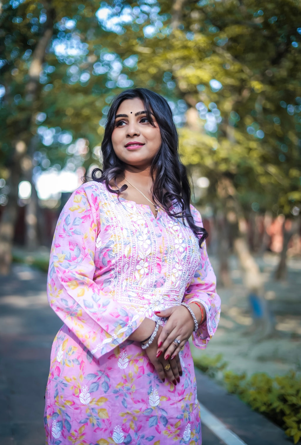 Pink Mal Printed Chikankari Skirt Kurta Set