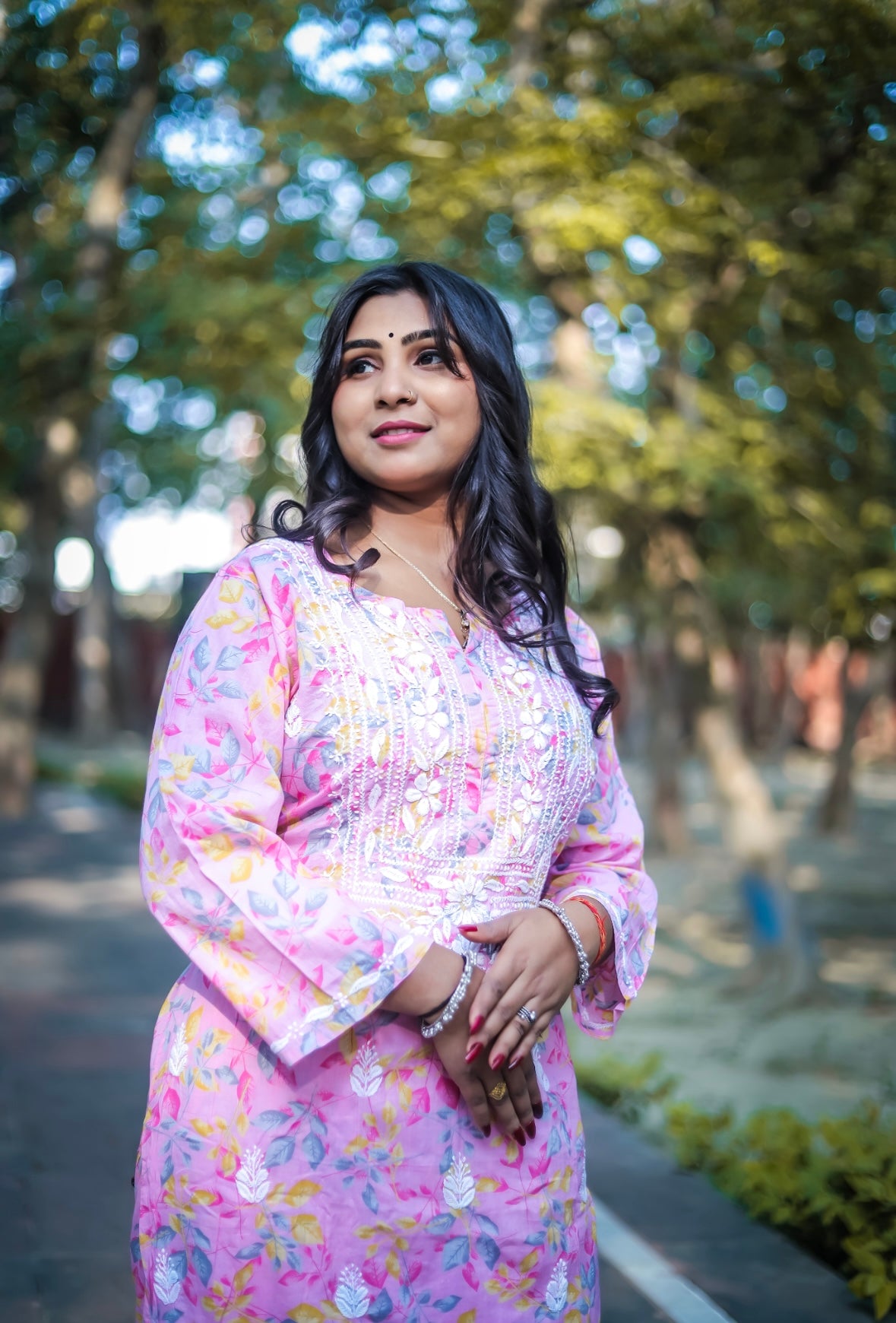 Pink Mal Printed Chikankari Skirt Kurta Set