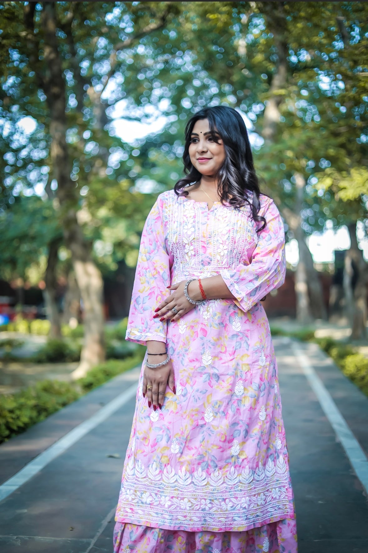 Pink Mal Printed Chikankari Skirt Kurta Set