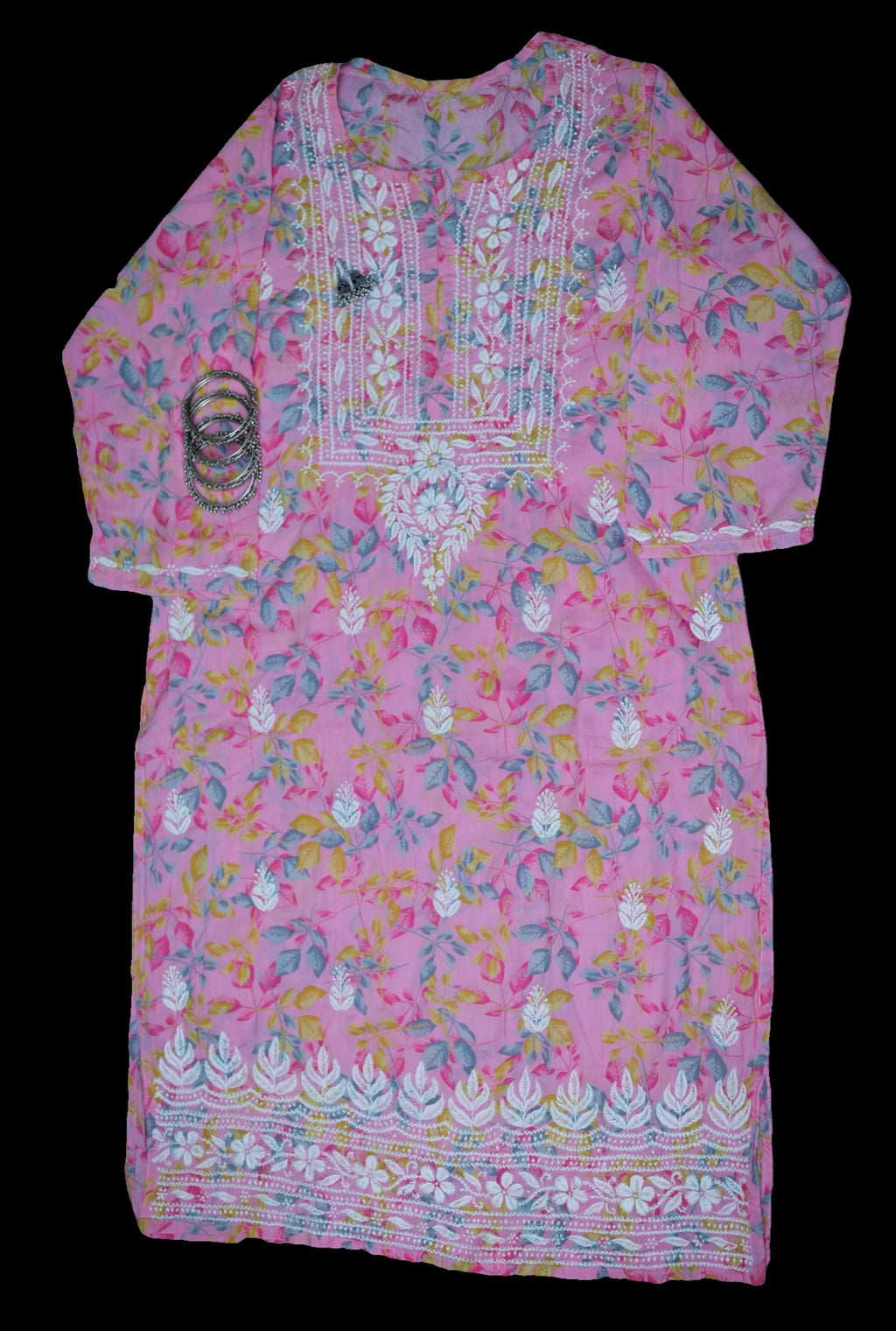 Pink Mal Printed Chikankari Skirt Kurta Set