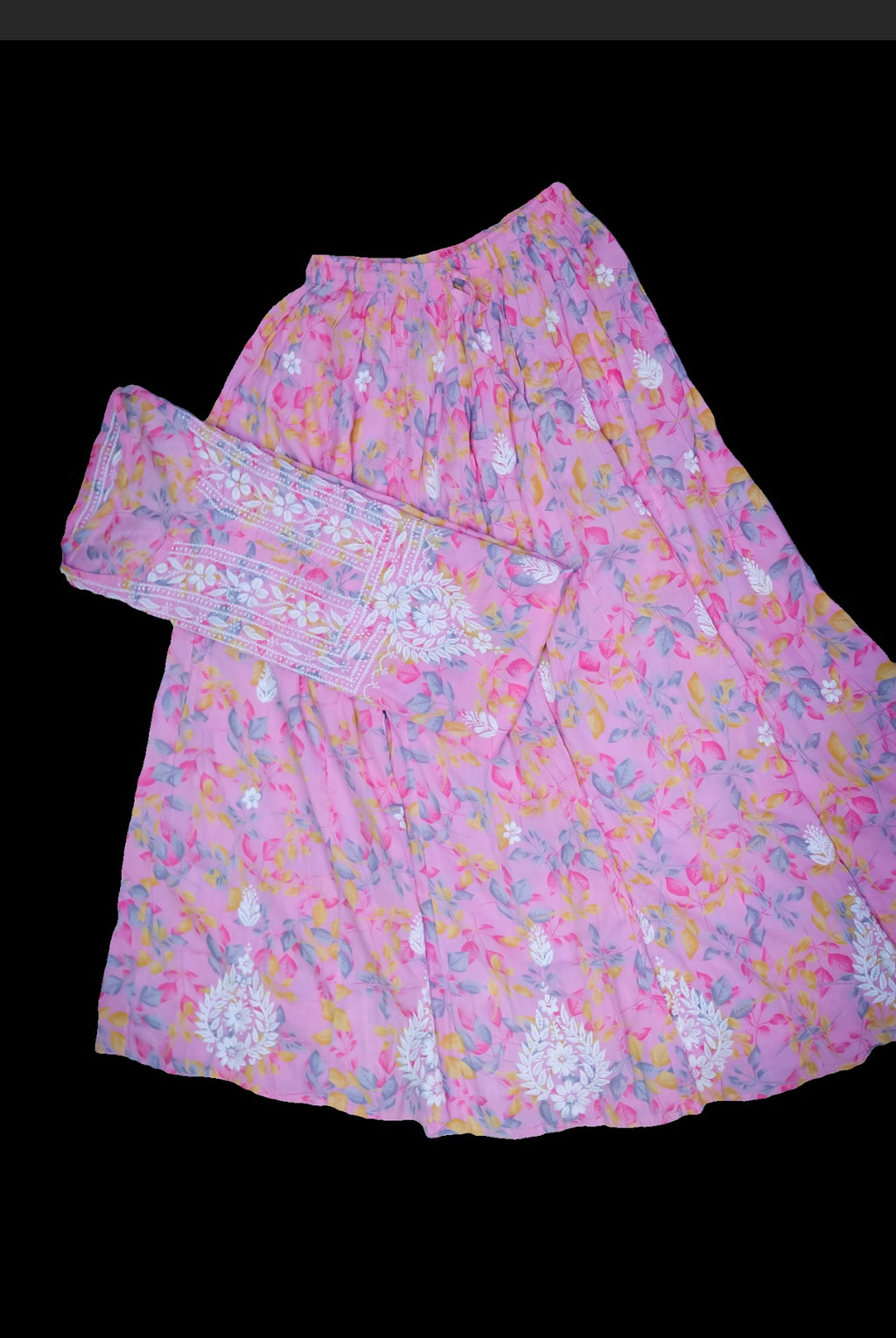 Pink Mal Printed Chikankari Skirt Kurta Set