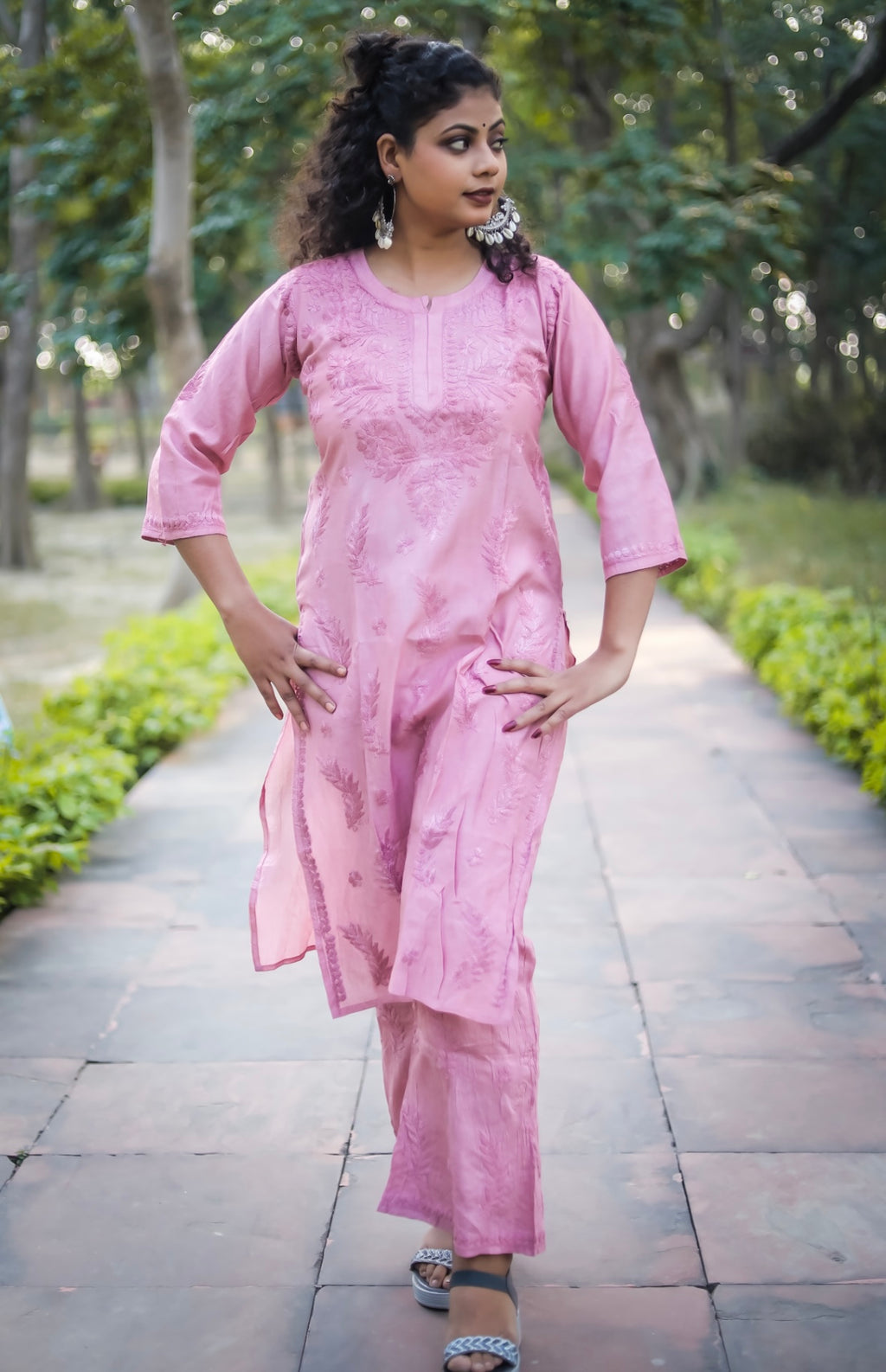 Pink Chanderi Chikankari Kurti and Palazzo Set