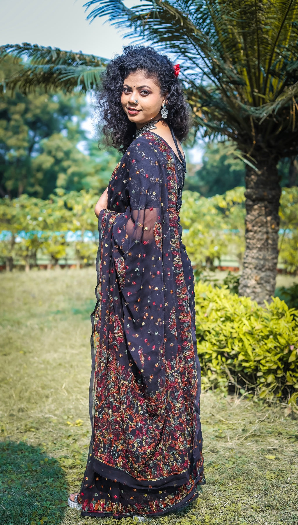 Black Georgette Chikankari Saree with Keel Kangan Work