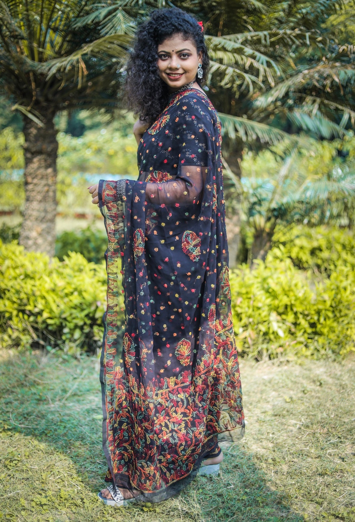 Black Georgette Chikankari Saree with Keel Kangan Work