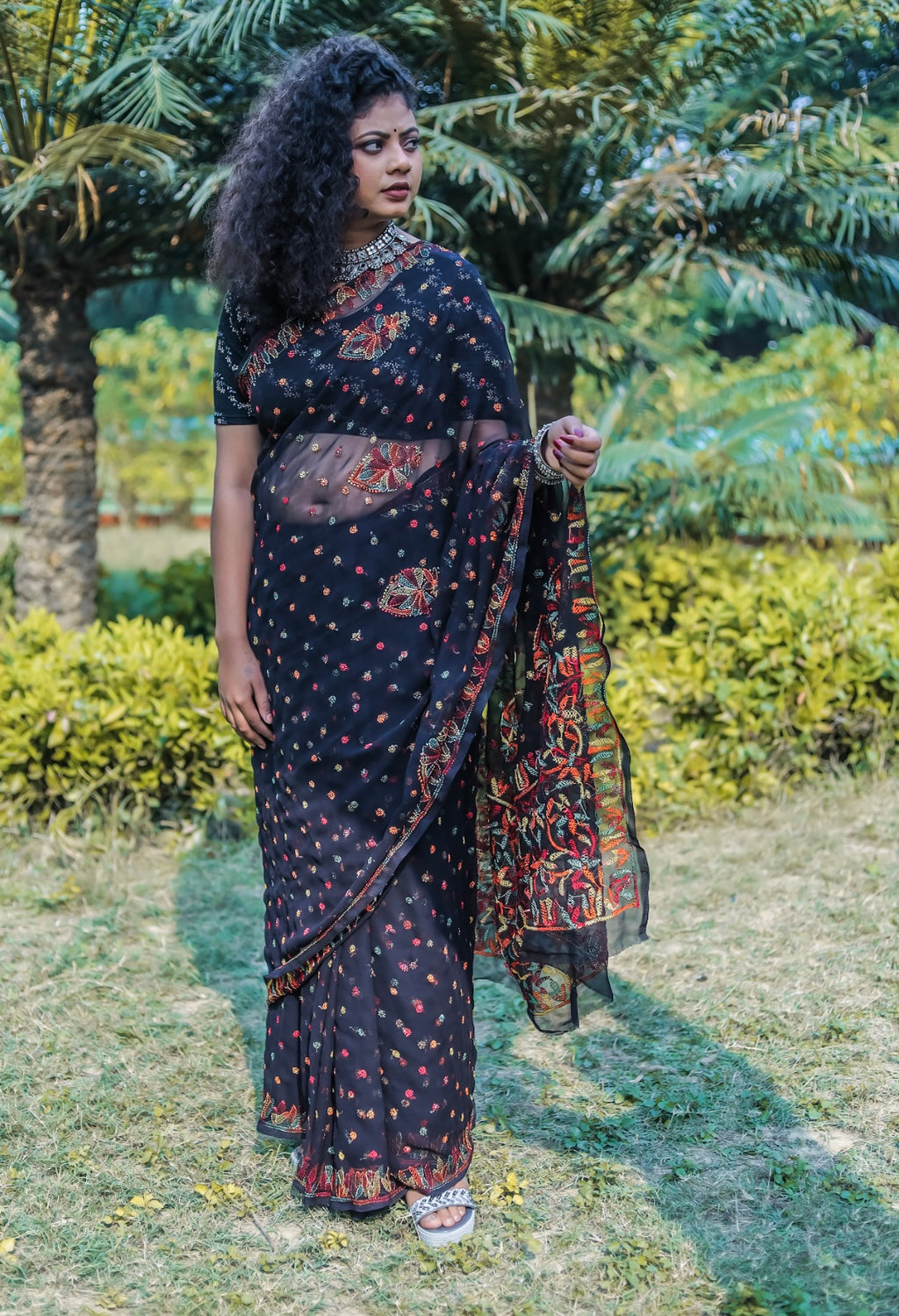 Black Georgette Chikankari Saree with Keel Kangan Work