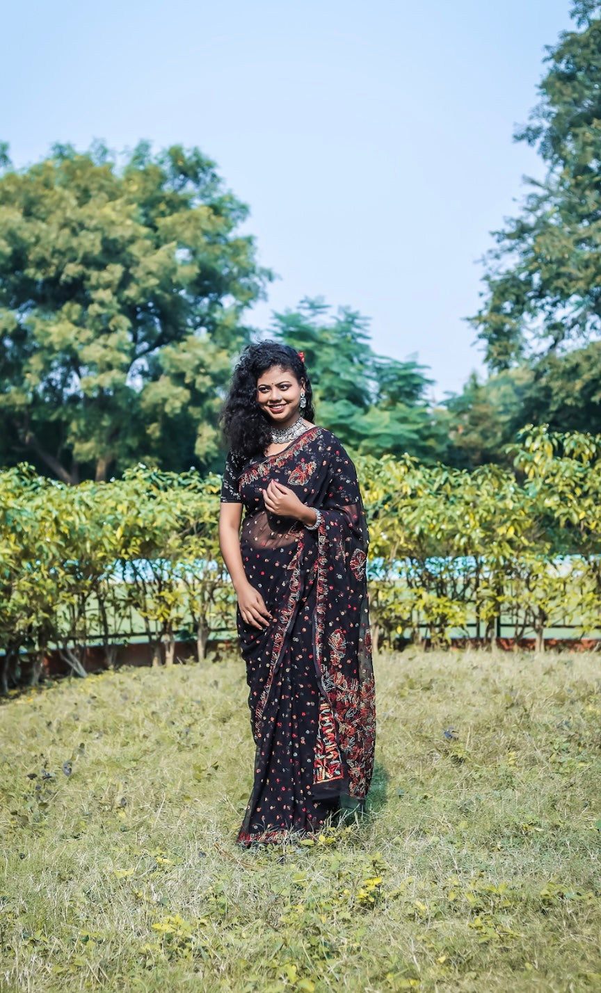 Black Georgette Chikankari Saree with Keel Kangan Work