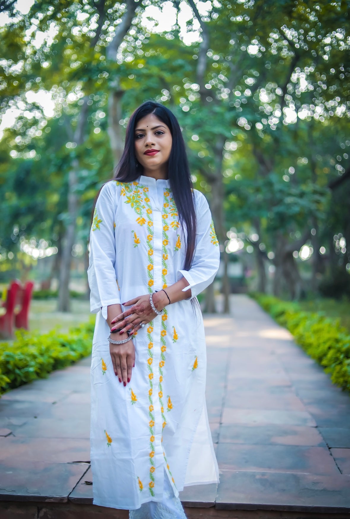 White Mal Cotton Chikankari Kurti with Yellow & Green Thread Work