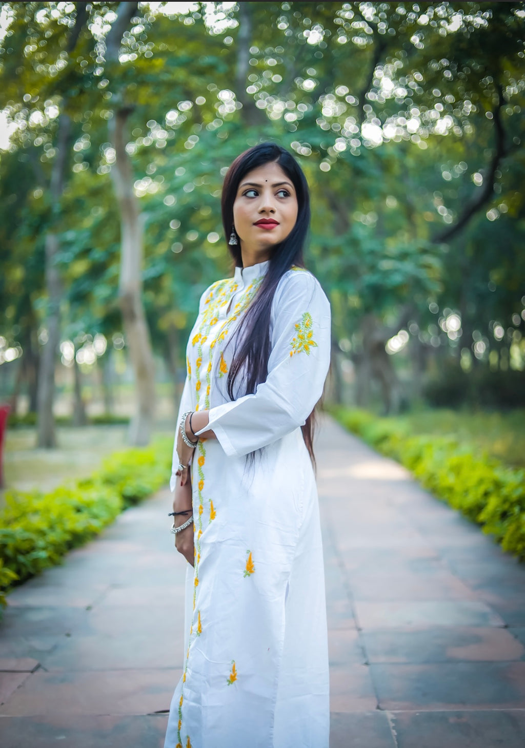 White Mal Cotton Chikankari Kurti with Yellow & Green Thread Work