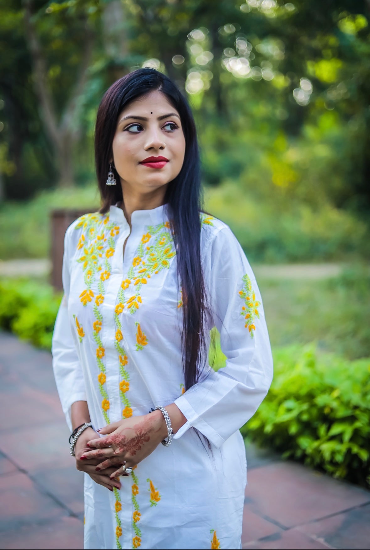 White Mal Cotton Chikankari Kurti with Yellow & Green Thread Work