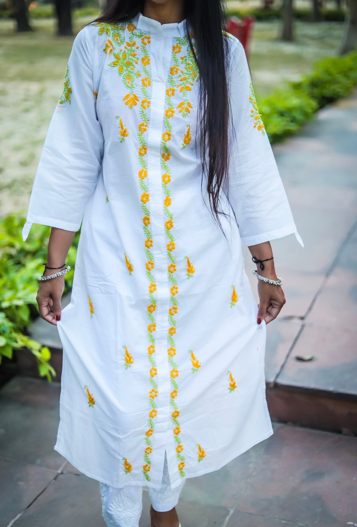 White Mal Cotton Chikankari Kurti with Yellow & Green Thread Work