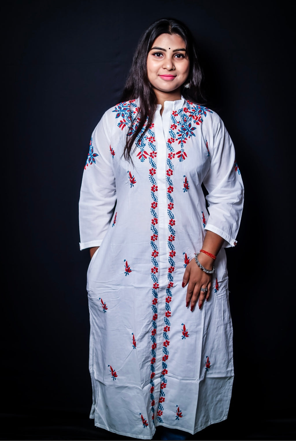 White Mal Cotton Chikankari Kurti with Red & Blue Thread Work