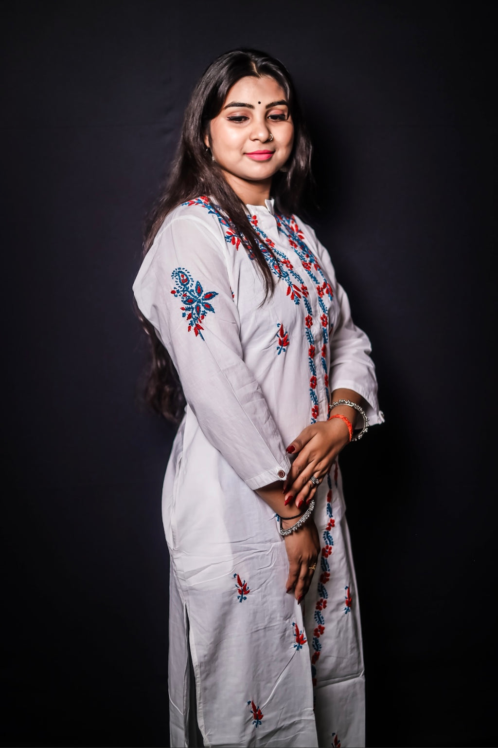 White Mal Cotton Chikankari Kurti with Red & Blue Thread Work