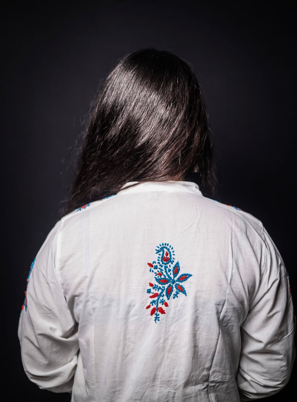 White Mal Cotton Chikankari Kurti with Red & Blue Thread Work