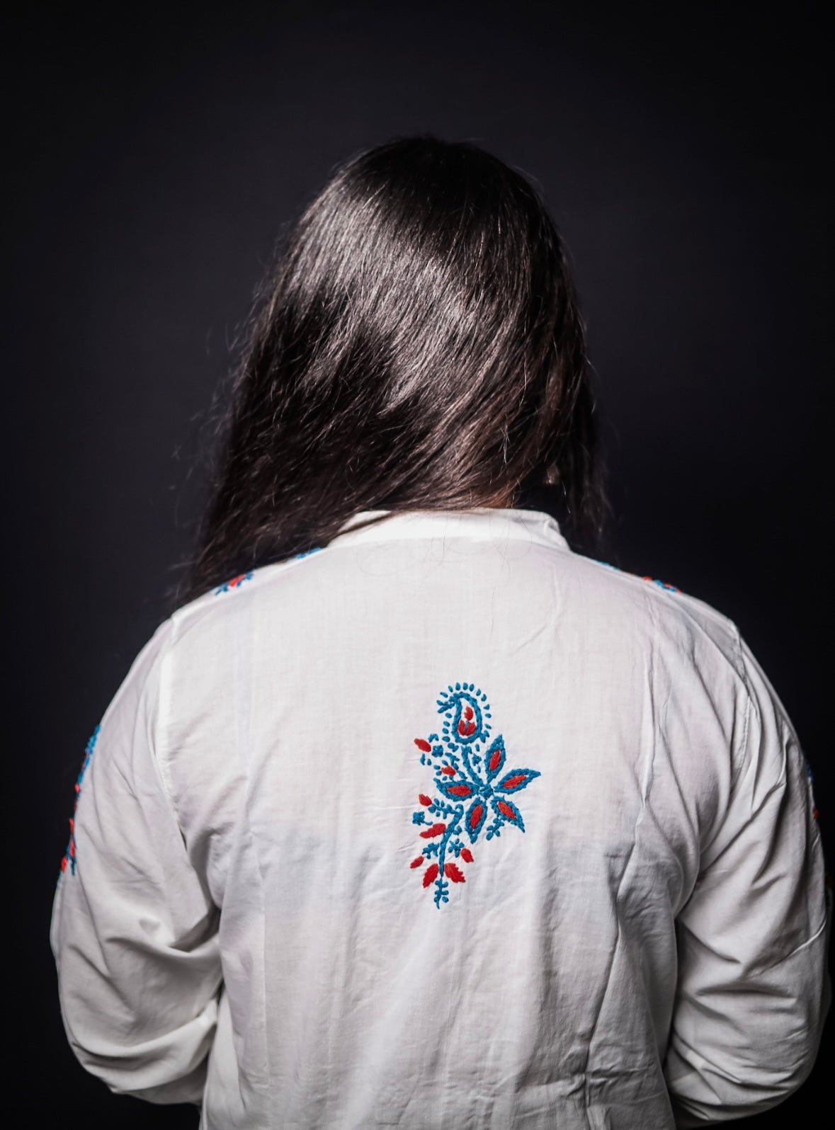 White Mal Cotton Chikankari Kurti with Red & Blue Thread Work