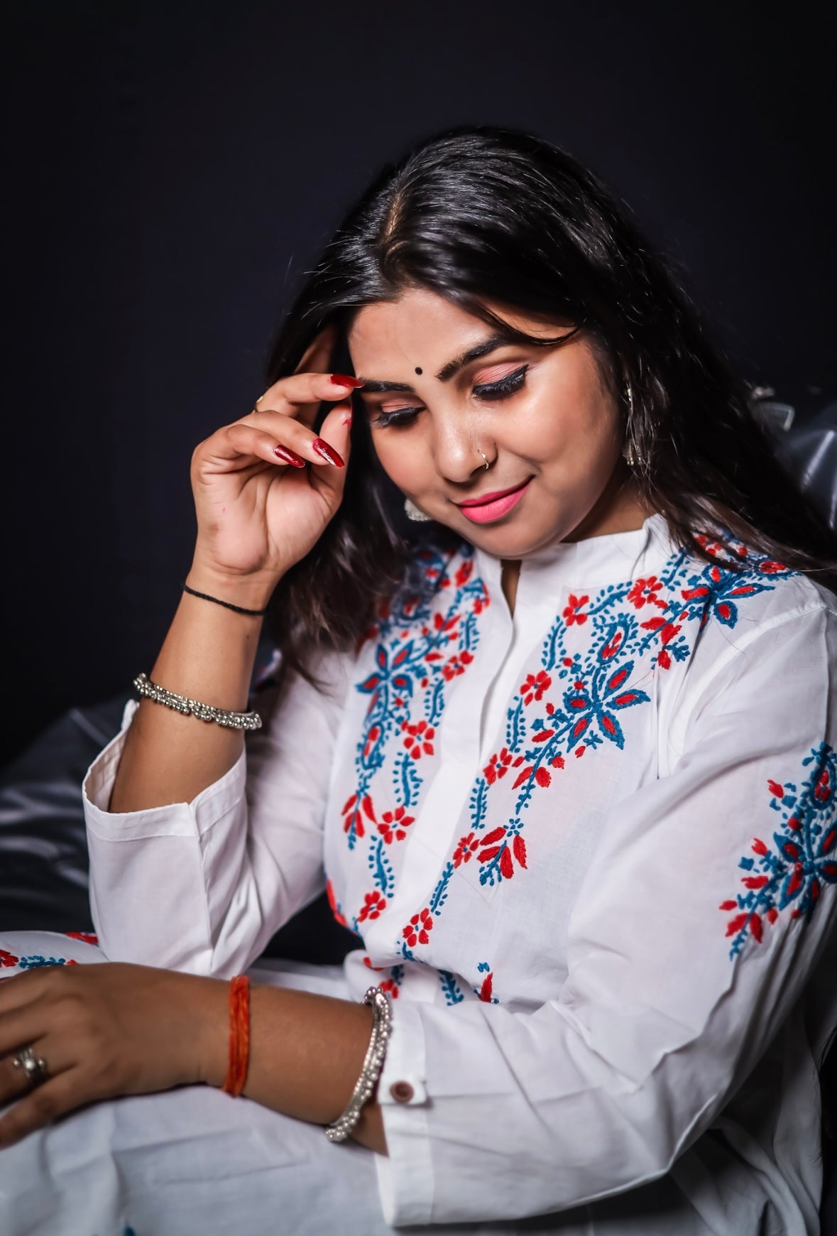 White Mal Cotton Chikankari Kurti with Red & Blue Thread Work