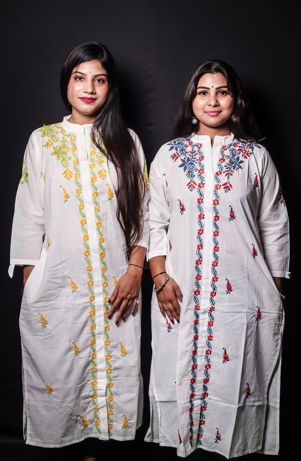 White Mal Cotton Chikankari Kurti with Red & Blue Thread Work