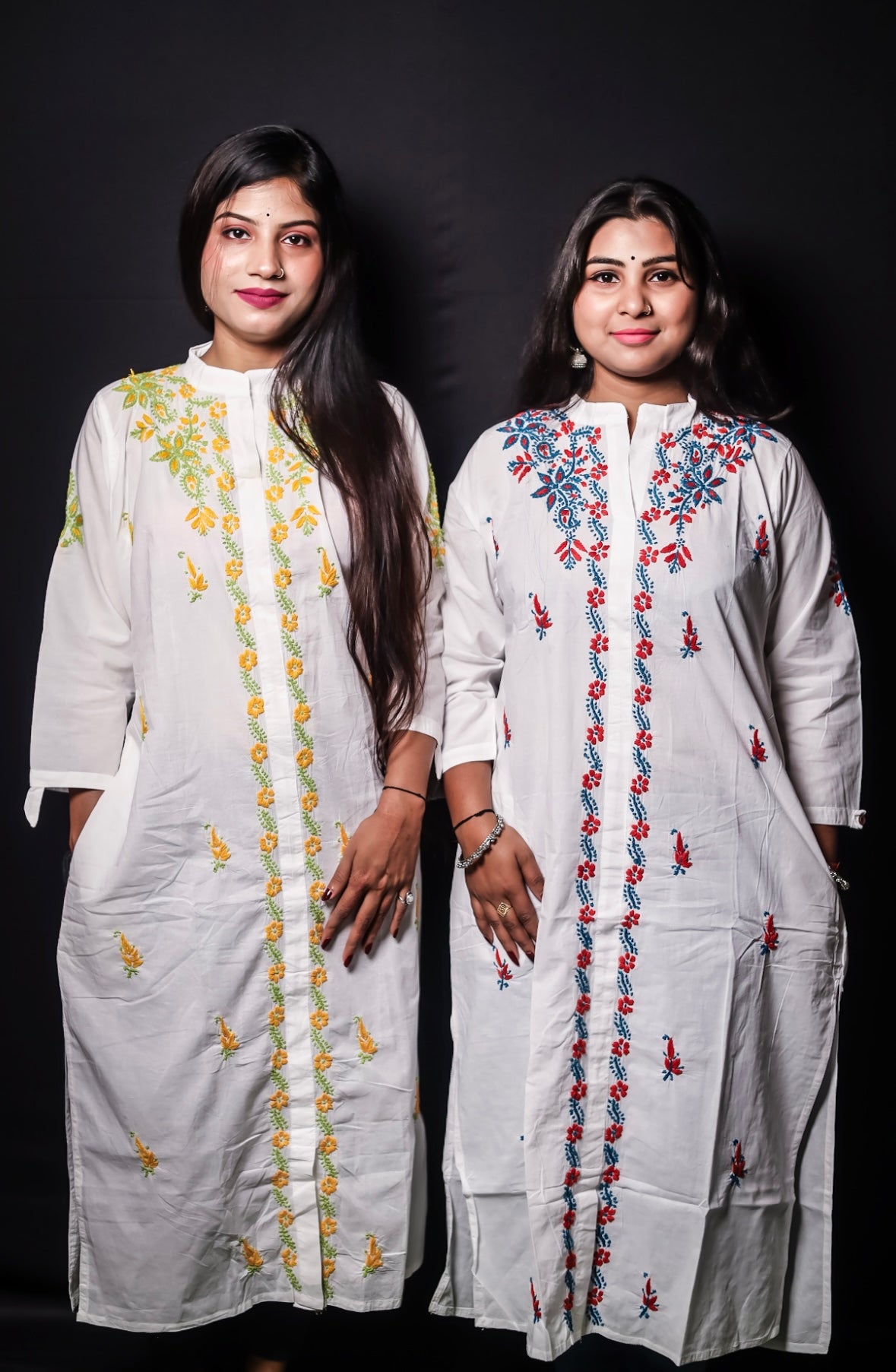 White Mal Cotton Chikankari Kurti with Red & Blue Thread Work