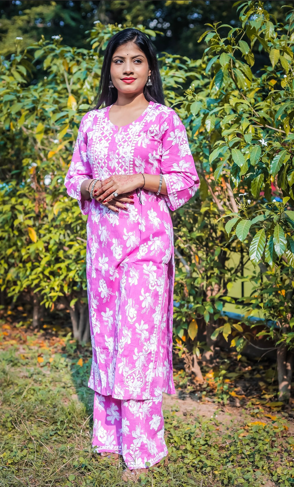 Pink Mal Printed Chikankari Kurta Palazzo Set