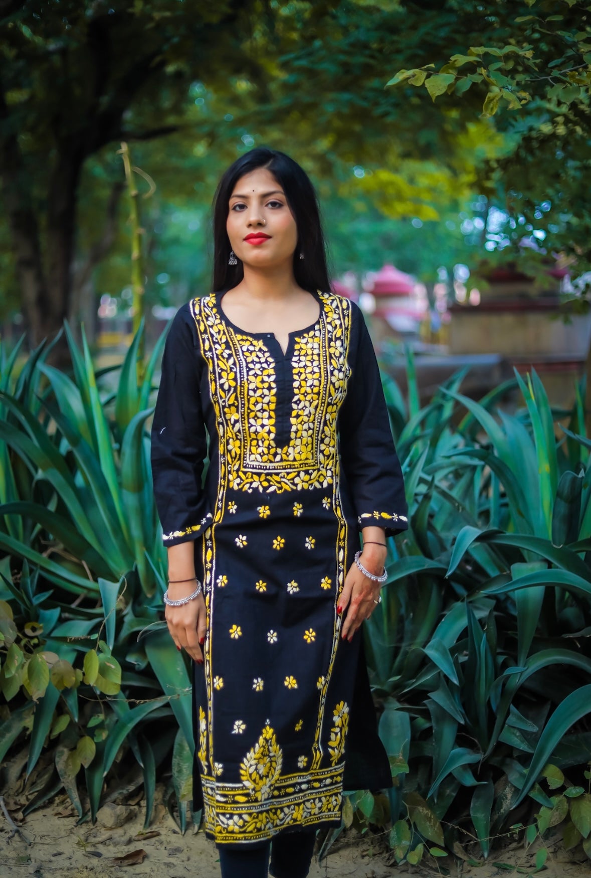 Black Cotton Chikankari Kurti with Yellow Thread Work