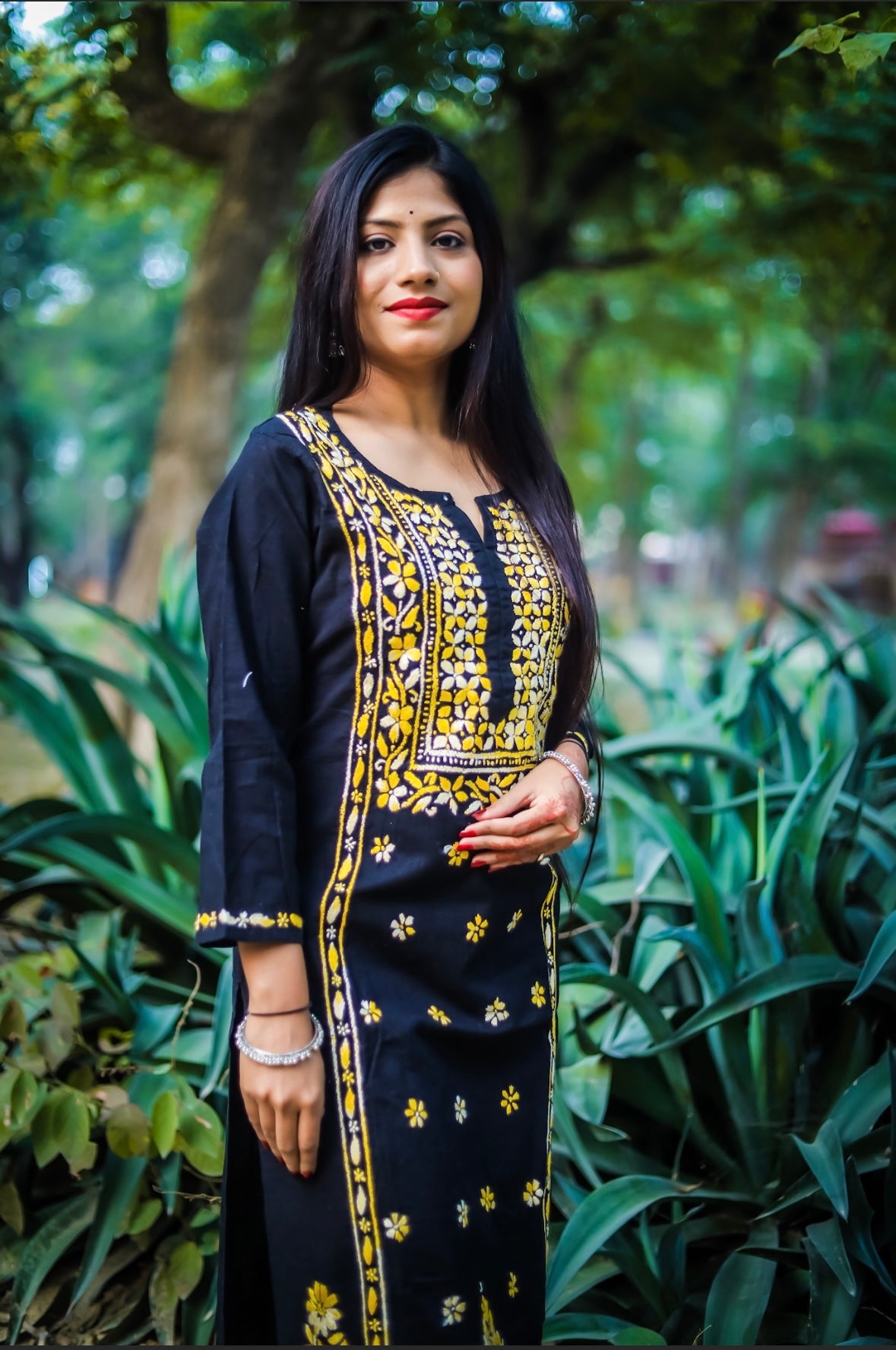 Black Cotton Chikankari Kurti with Yellow Thread Work