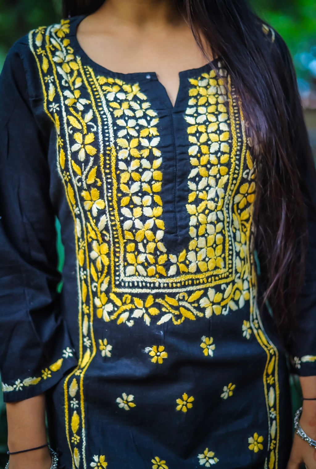 Black Cotton Chikankari Kurti with Yellow Thread Work