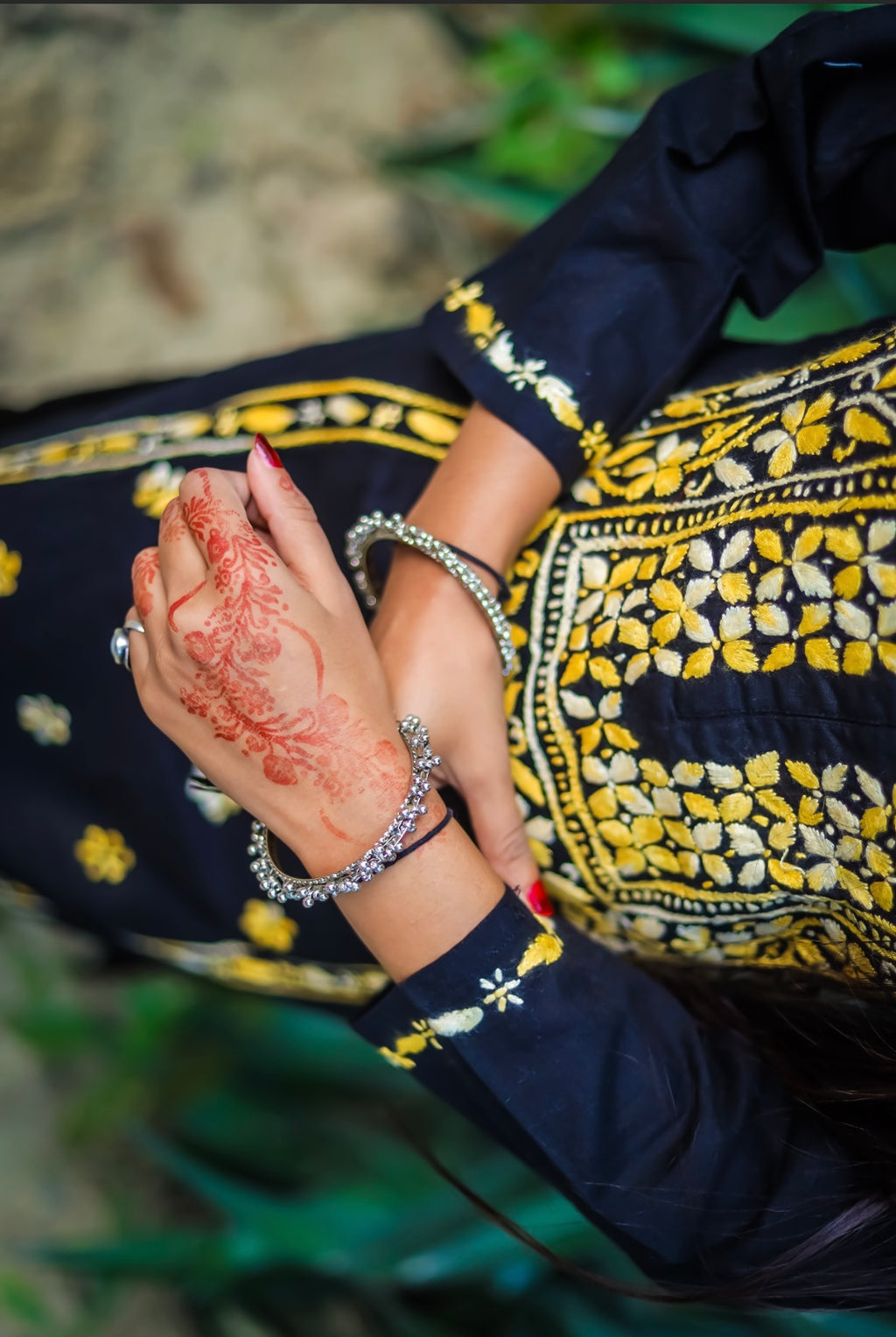 Black Cotton Chikankari Kurti with Yellow Thread Work
