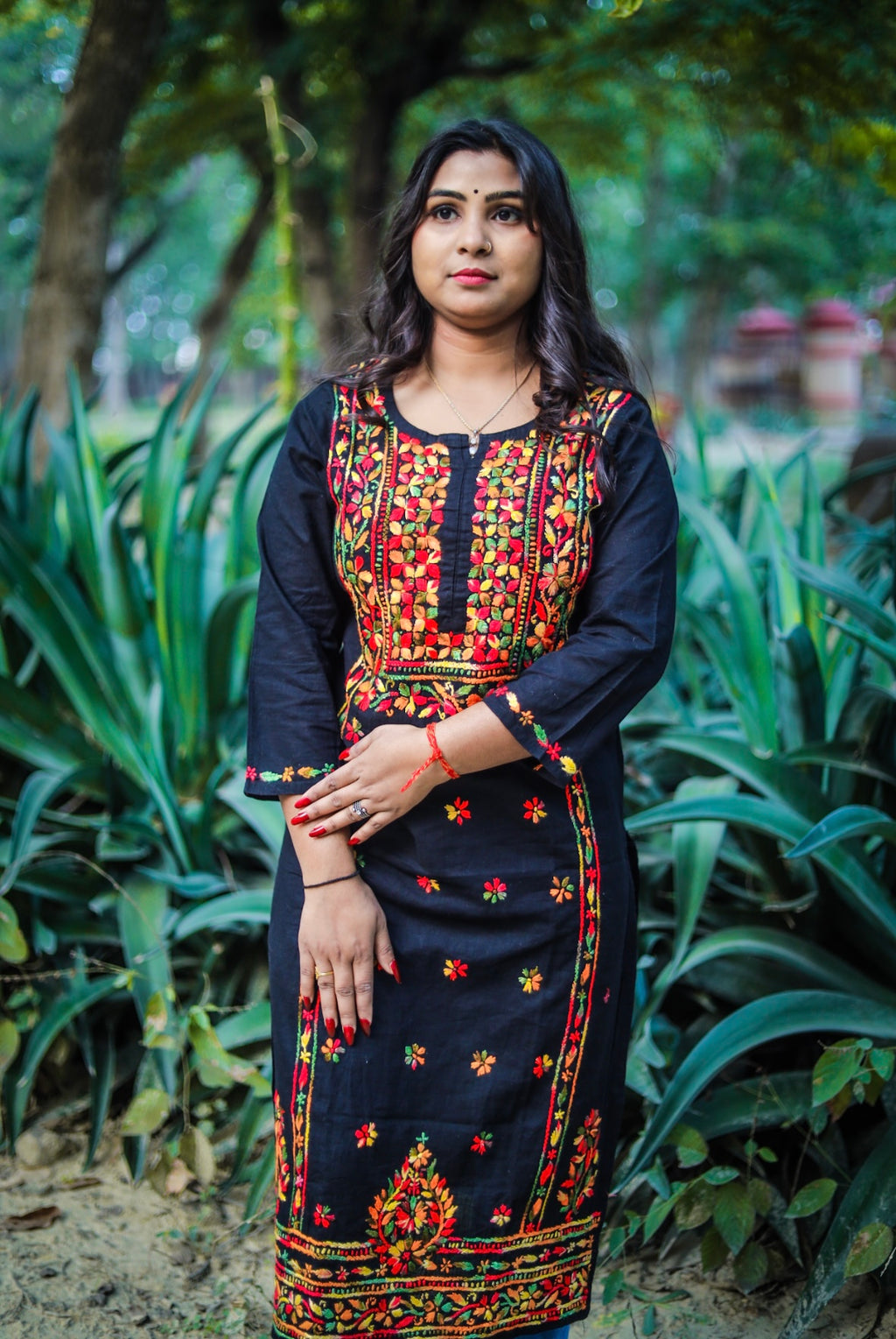 Black Cotton Chikankari Kurti with Multi-Colour Thread Work
