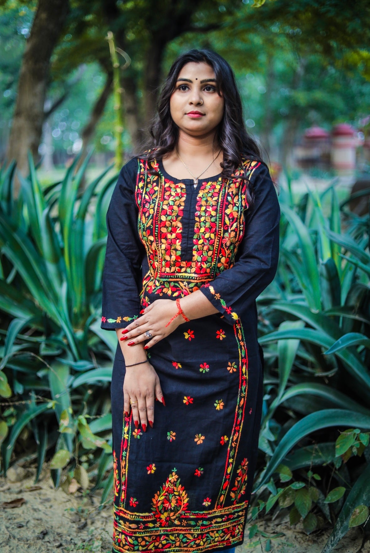 Black Cotton Chikankari Kurti with Multi-Colour Thread Work