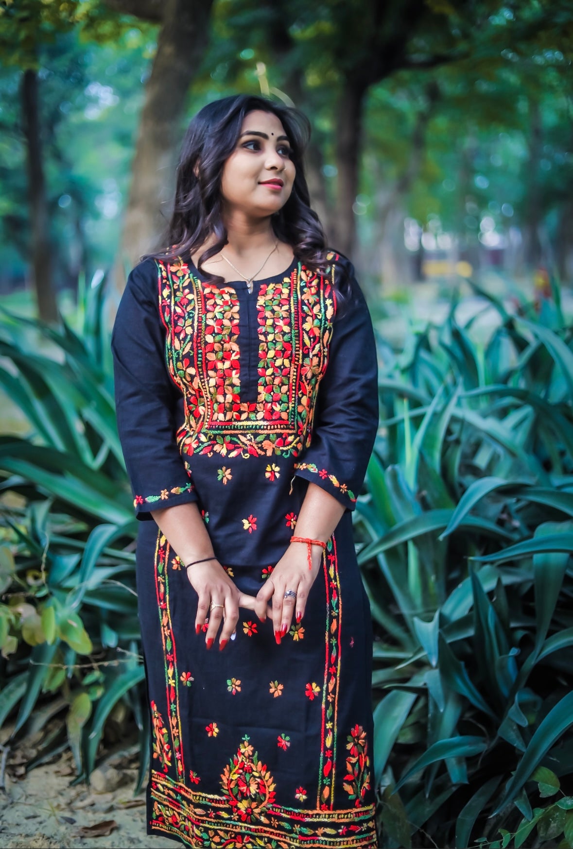 Black Cotton Chikankari Kurti with Multi-Colour Thread Work
