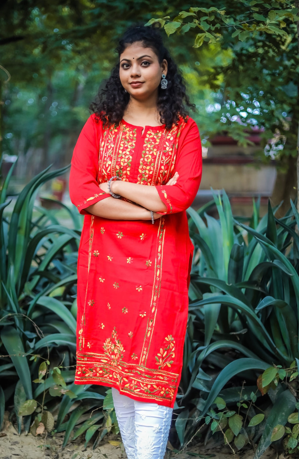 Red Chikankari Kurti with Multi-Colour Thread Work
